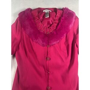Justin Taylor‎ Skirt Suit Womens 14 Fuchsia Faux Fur Collar Beaded Two Piece